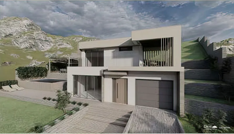 Yüzme havuzlu ve panoramik deniz manzaralı inşaat halindeki evlerden oluşan bir kompleks