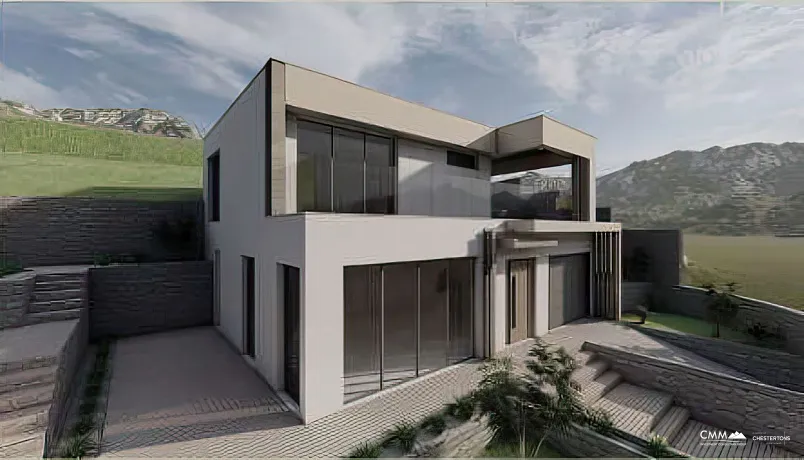 Yüzme havuzlu ve panoramik deniz manzaralı inşaat halindeki evlerden oluşan bir kompleks